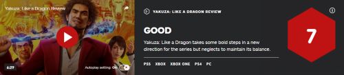 《如龙7》先期媒体评分出炉：IGN 7分 GameSpot 9分