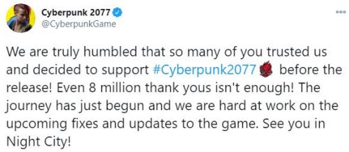 CDPR感谢玩家支持 正为《2077》修复和更新内容工作