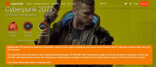 国外众评站OpenCritic指控《赛博朋克2077》主机版评分存在控评行为